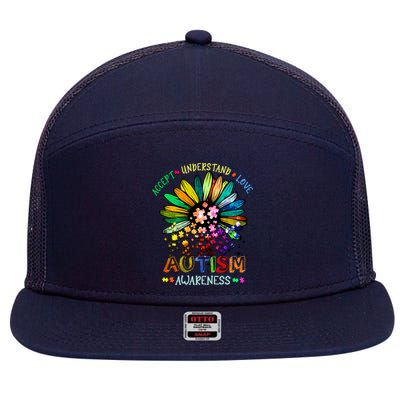 Accept Understand Love Autism Awareness Sunflower Puzzle Pieces 7 Panel Mesh Trucker Snapback Hat