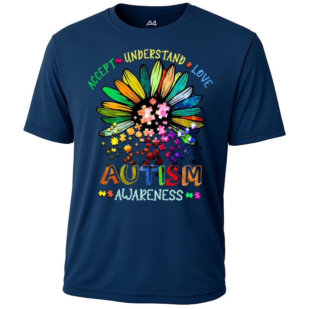 Accept Understand Love Autism Awareness Sunflower Puzzle Pieces Cooling Performance Crew T-Shirt
