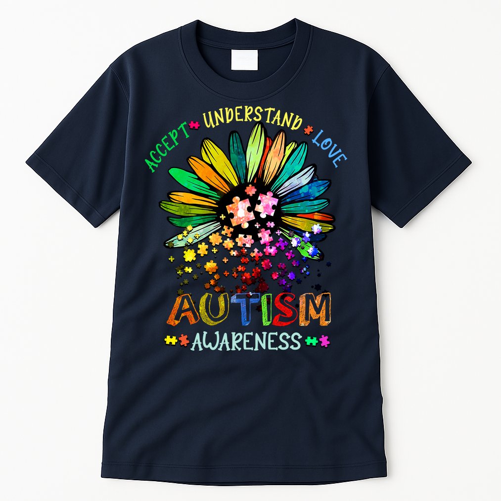 Accept Understand Love Autism Awareness Sunflower Puzzle Pieces Tall T-Shirt