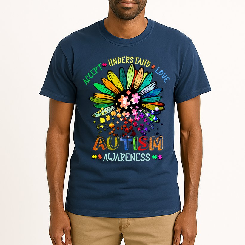 Accept Understand Love Autism Awareness Sunflower Puzzle Pieces Tall T-Shirt