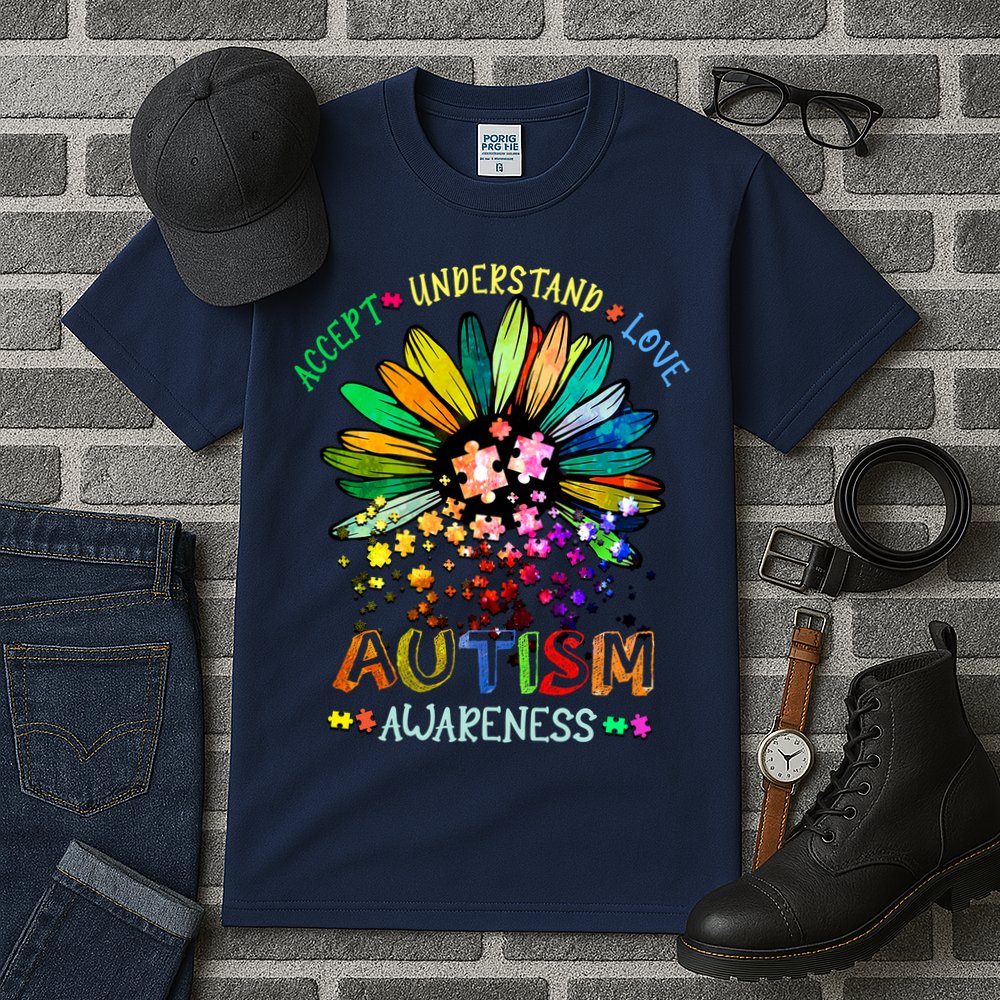 Accept Understand Love Autism Awareness Sunflower Puzzle Pieces Tall T-Shirt