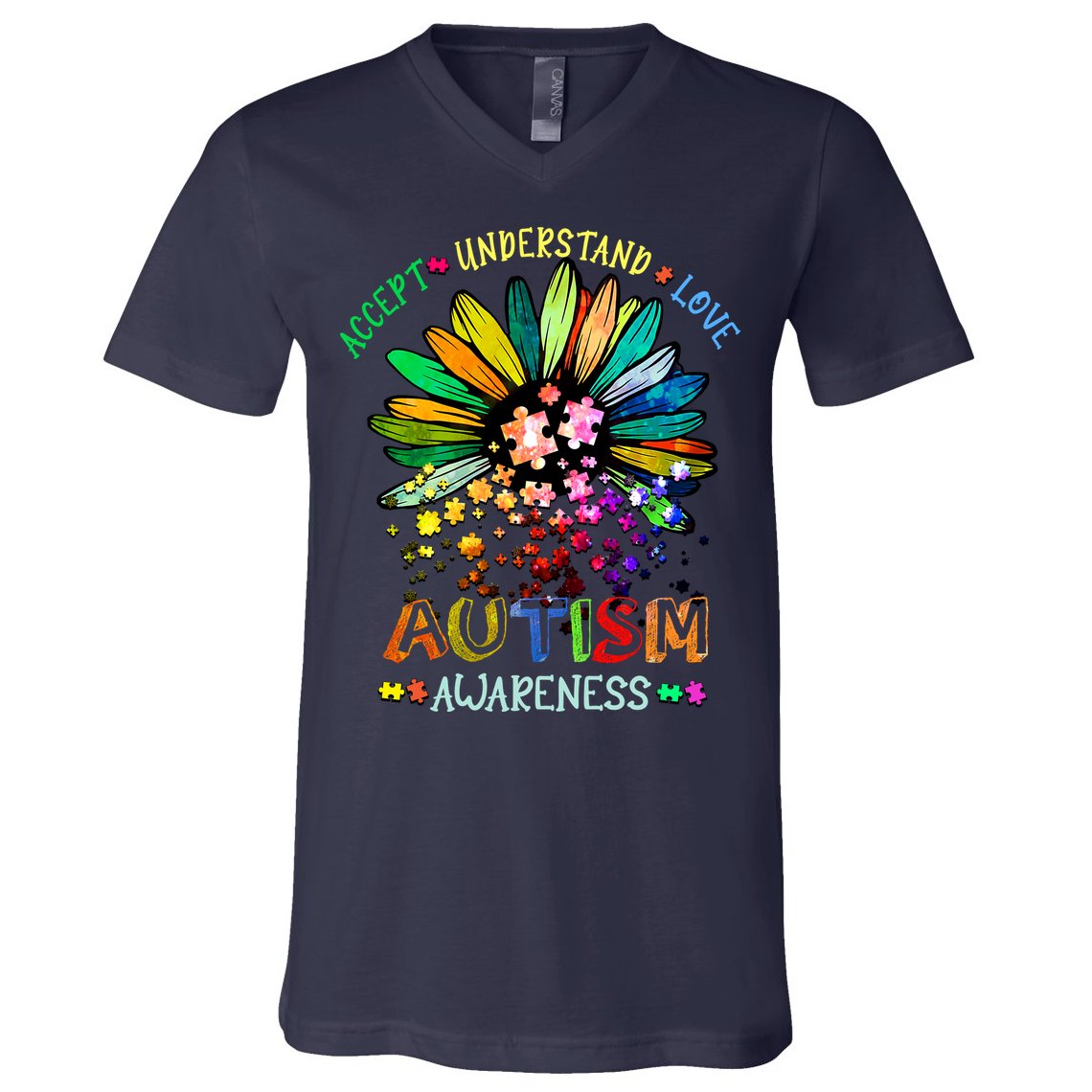 Accept Understand Love Autism Awareness Sunflower Puzzle Pieces V-Neck T-Shirt