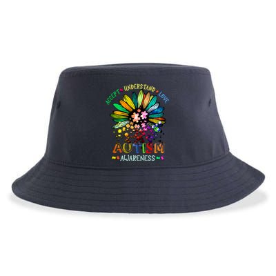 Accept Understand Love Autism Awareness Sunflower Puzzle Pieces Sustainable Bucket Hat