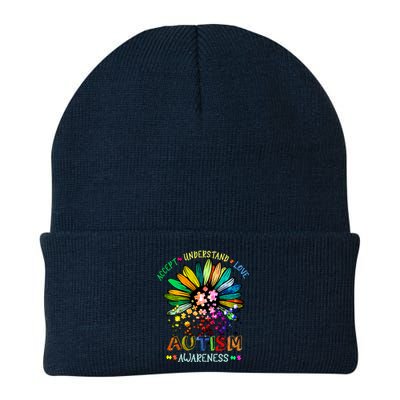 Accept Understand Love Autism Awareness Sunflower Puzzle Pieces Knit Cap Winter Beanie