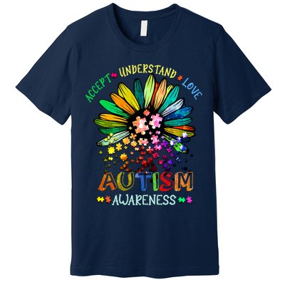 Accept Understand Love Autism Awareness Sunflower Puzzle Pieces Premium T-Shirt