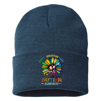 Accept Understand Love Autism Awareness Sunflower Puzzle Pieces Sustainable Knit Beanie