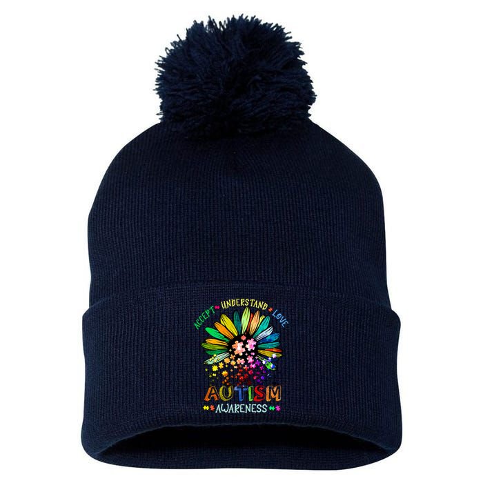 Accept Understand Love Autism Awareness Sunflower Puzzle Pieces Pom Pom 12in Knit Beanie