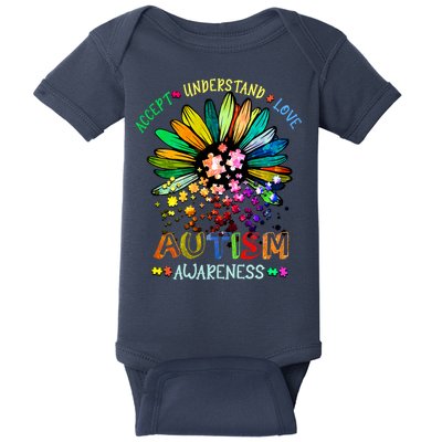 Accept Understand Love Autism Awareness Sunflower Puzzle Pieces Baby Bodysuit