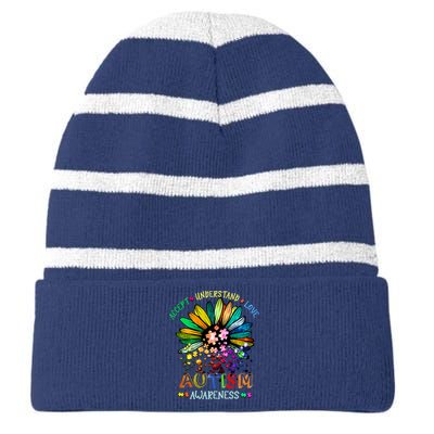 Accept Understand Love Autism Awareness Sunflower Puzzle Pieces Striped Beanie with Solid Band