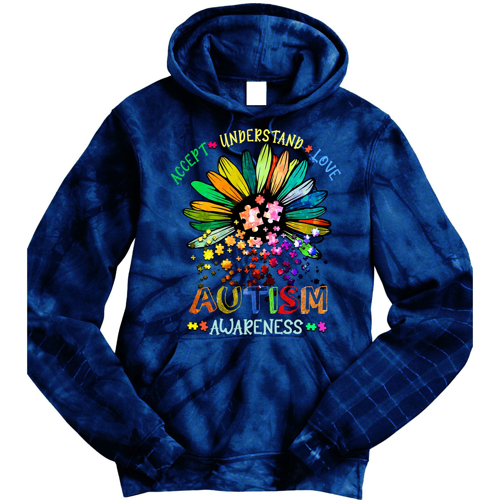 Accept Understand Love Autism Awareness Sunflower Puzzle Pieces Tie Dye Hoodie