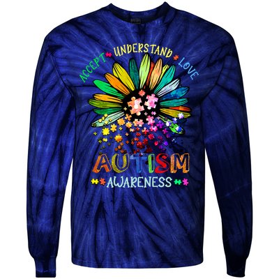 Accept Understand Love Autism Awareness Sunflower Puzzle Pieces Tie-Dye Long Sleeve Shirt