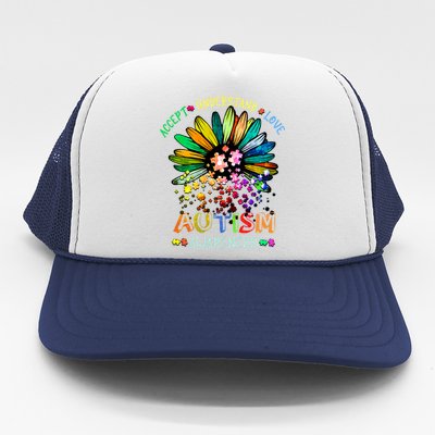 Accept Understand Love Autism Awareness Sunflower Puzzle Pieces Trucker Hat