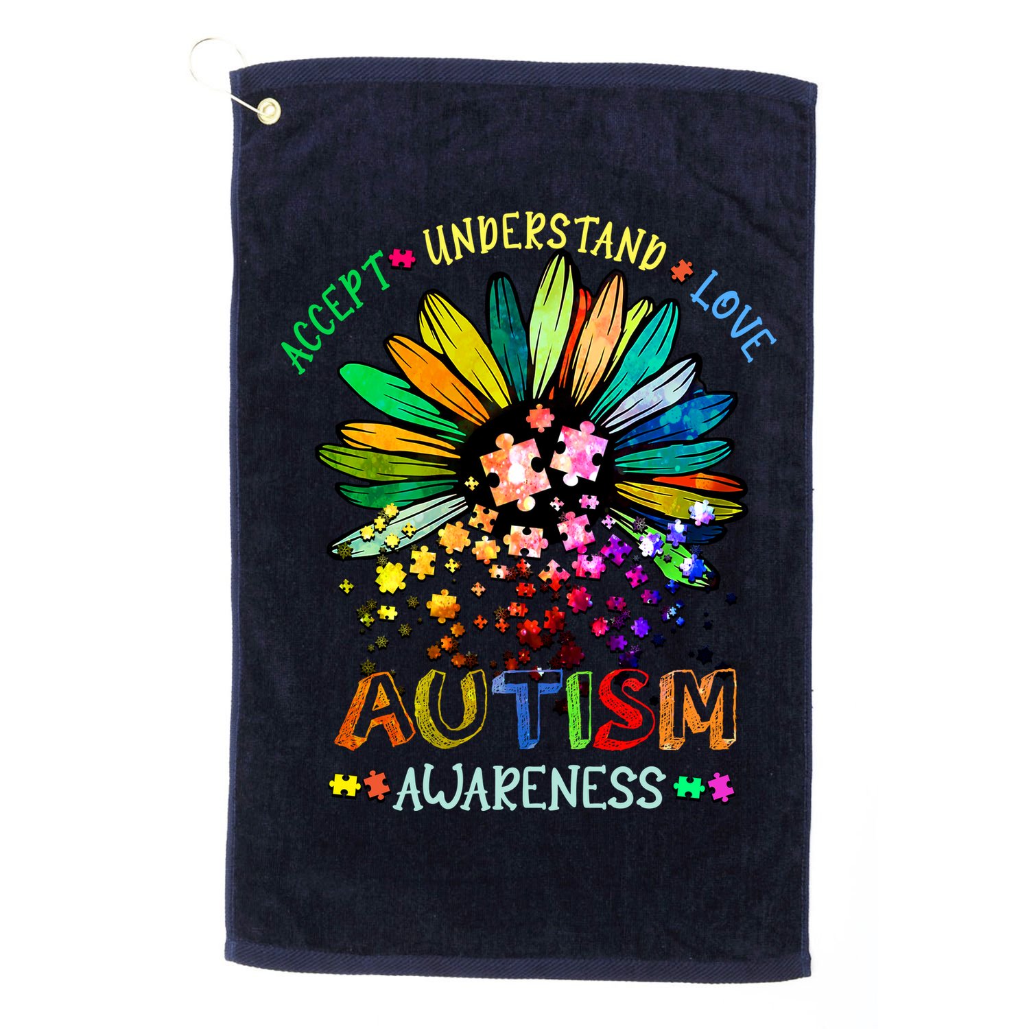 Accept Understand Love Autism Awareness Sunflower Puzzle Pieces Golf Towel