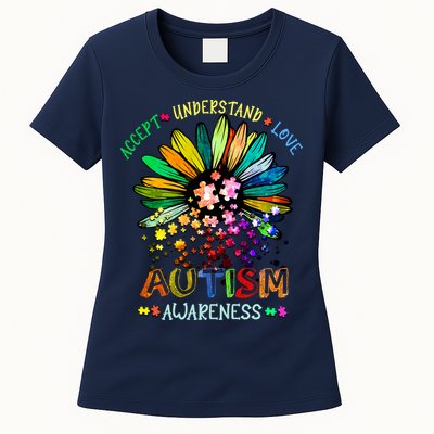 Accept Understand Love Autism Awareness Sunflower Puzzle Pieces Womens T-Shirt
