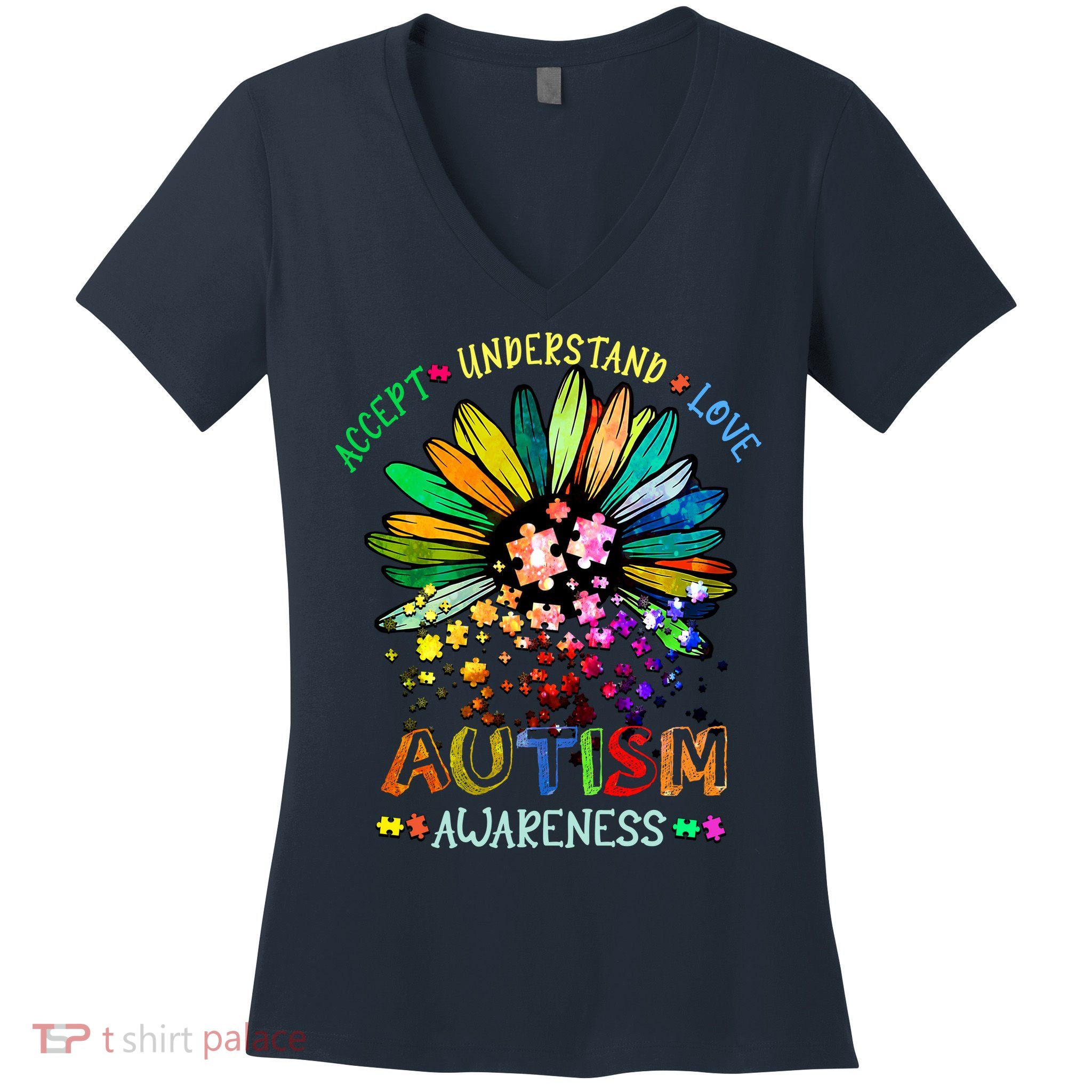 Accept Understand Love Autism Awareness Sunflower Puzzle Pieces Women's V-Neck T-Shirt