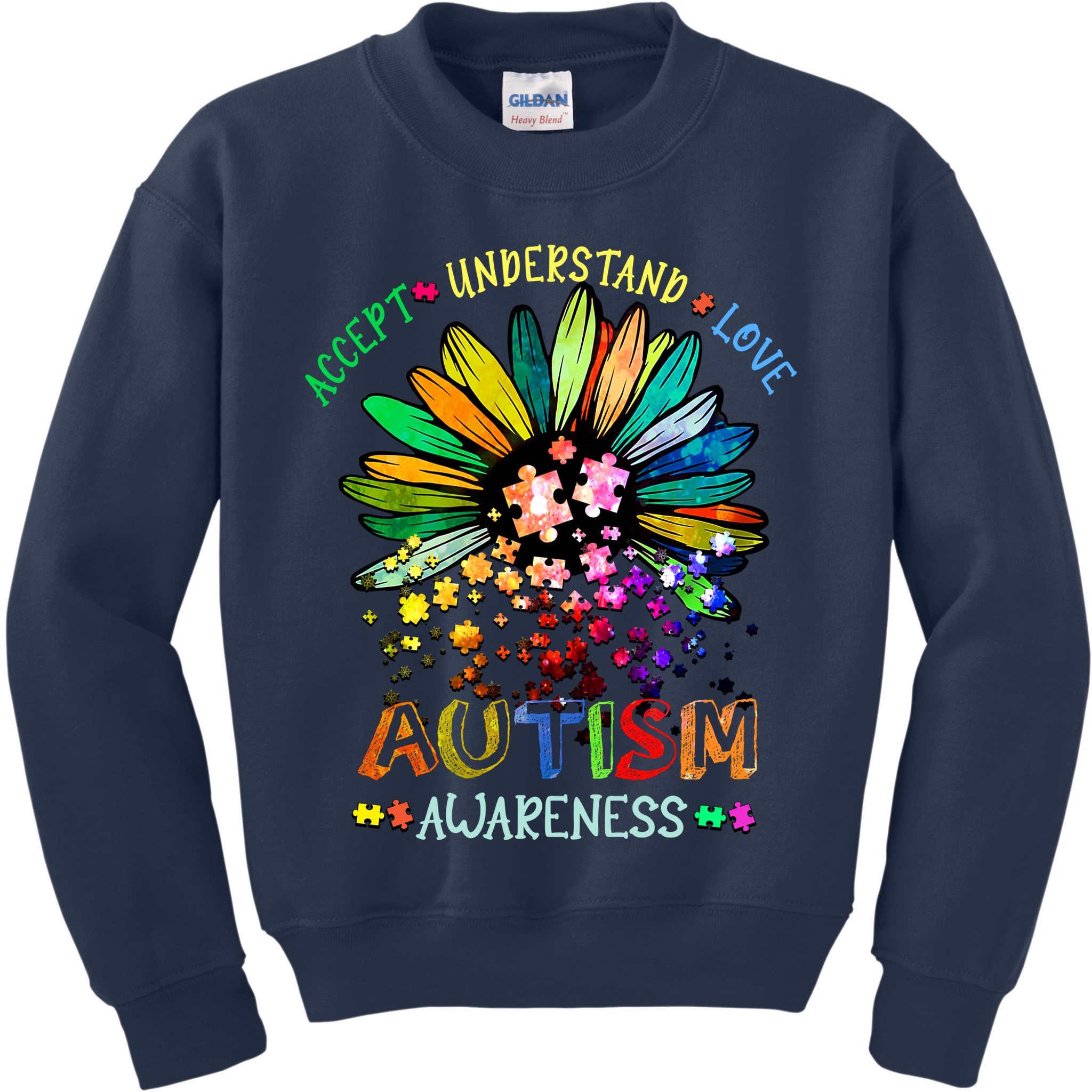Accept Understand Love Autism Awareness Sunflower Puzzle Pieces Kids Sweatshirt