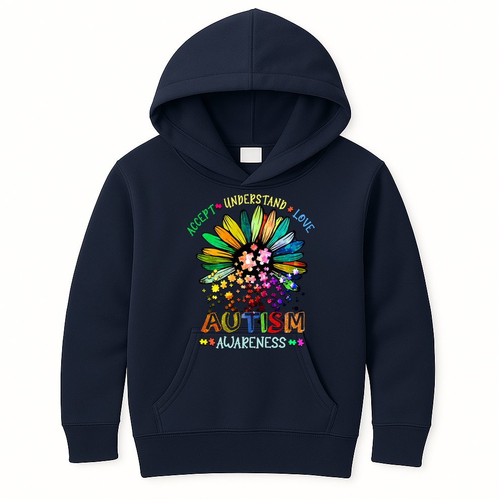 Accept Understand Love Autism Awareness Sunflower Puzzle Pieces Kids Hoodie
