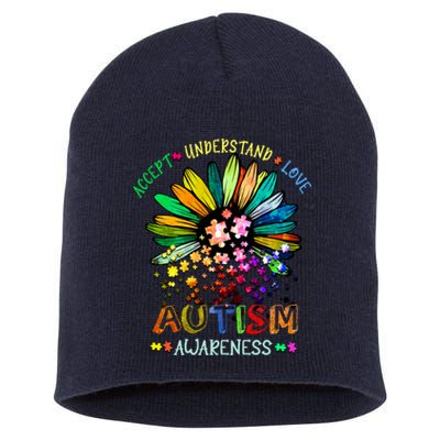 Accept Understand Love Autism Awareness Sunflower Puzzle Pieces Short Acrylic Beanie