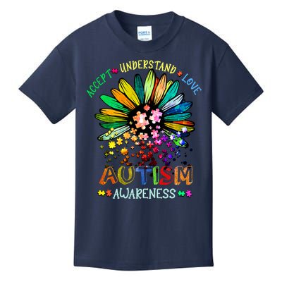 Accept Understand Love Autism Awareness Sunflower Puzzle Pieces Kids T-Shirt