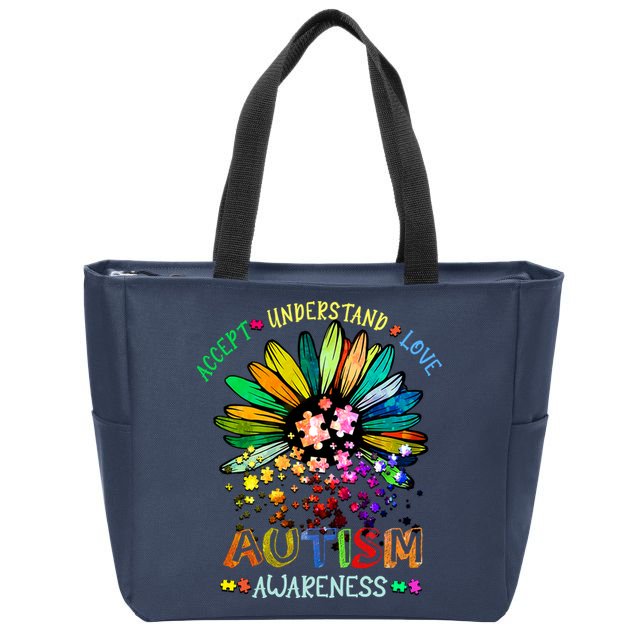 Accept Understand Love Autism Awareness Sunflower Puzzle Pieces Zip Tote Bag