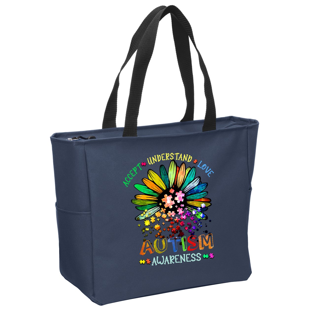 Accept Understand Love Autism Awareness Sunflower Puzzle Pieces Zip Tote Bag