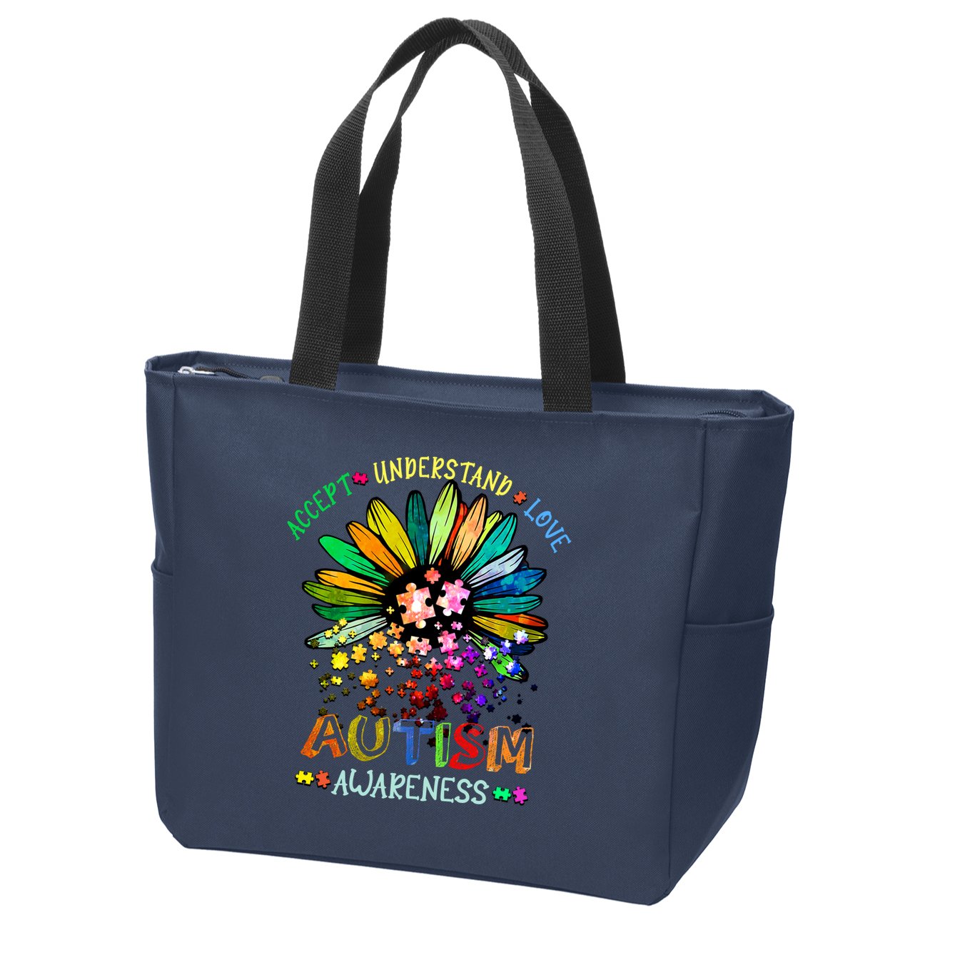 Accept Understand Love Autism Awareness Sunflower Puzzle Pieces Zip Tote Bag