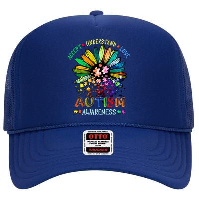 Accept Understand Love Autism Awareness Sunflower Puzzle Pieces High Crown Mesh Back Trucker Hat