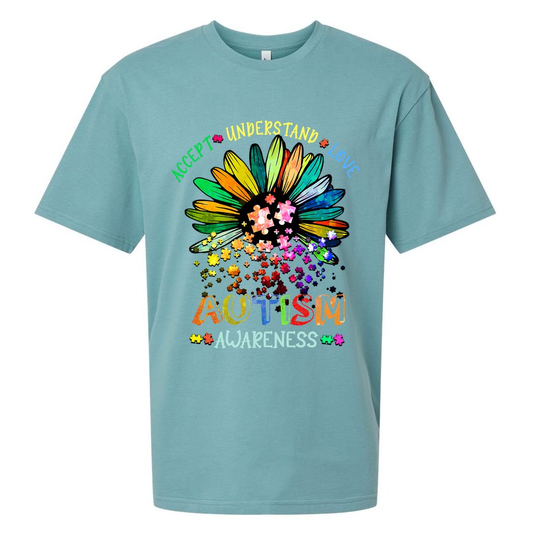 Accept Understand Love Autism Awareness Sunflower Puzzle Pieces Sueded Cloud Jersey T-Shirt