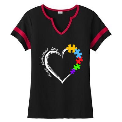 Accept Understand Love Autism Awareness Puzzle Heart Ladies Halftime Notch Neck Tee