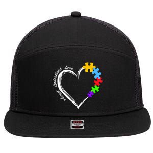 Accept Understand Love Autism Awareness Puzzle Heart 7 Panel Mesh Trucker Snapback Hat