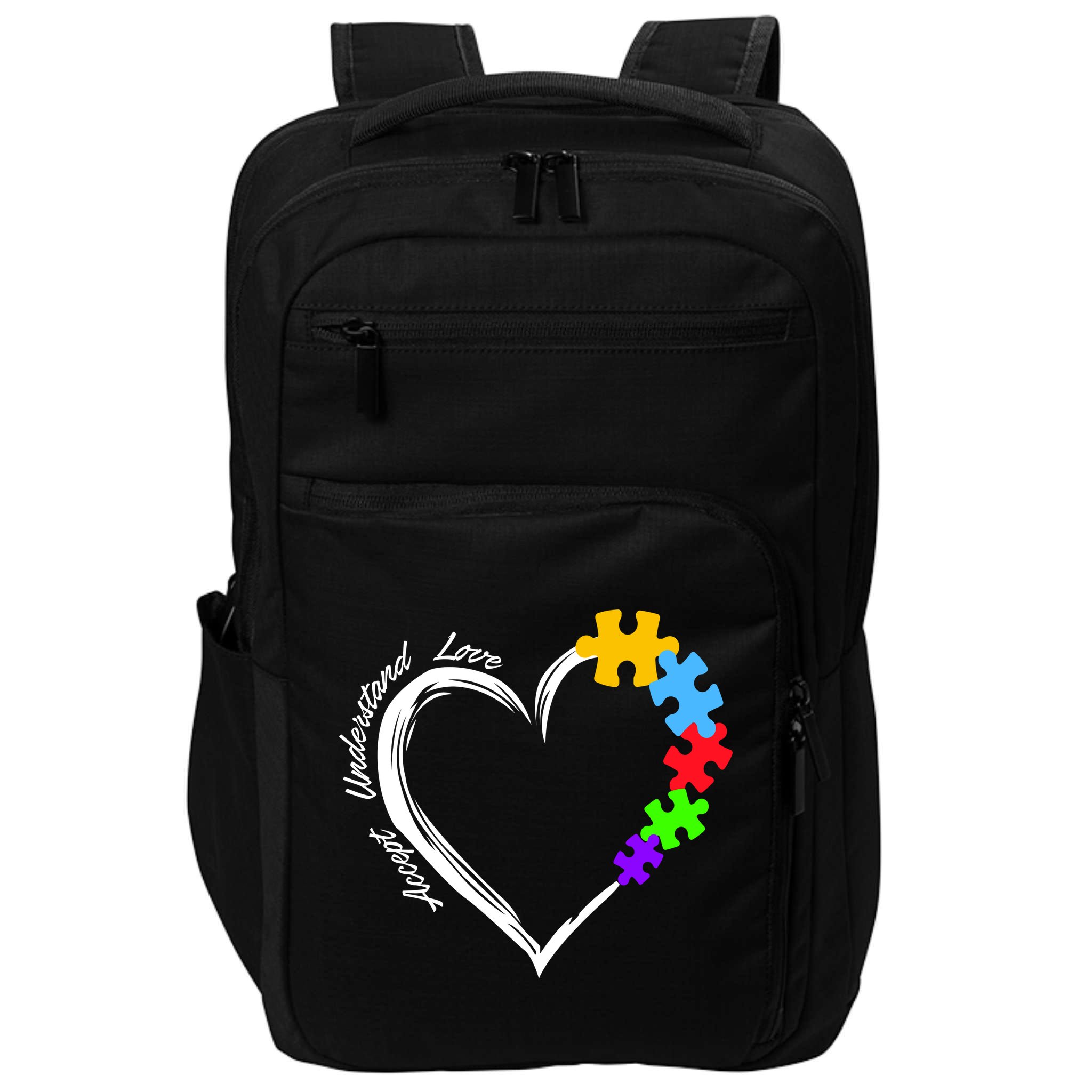 Accept Understand Love Autism Awareness Puzzle Heart Impact Tech Backpack