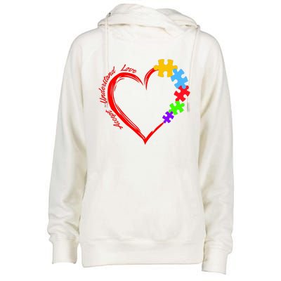 Accept Understand Love Autism Awareness Puzzle Heart Womens Funnel Neck Pullover Hood