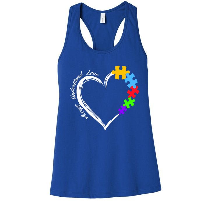 Accept Understand Love Autism Awareness Puzzle Heart Women's Racerback Tank