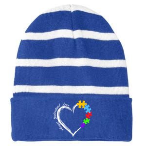 Accept Understand Love Autism Awareness Puzzle Heart Striped Beanie with Solid Band