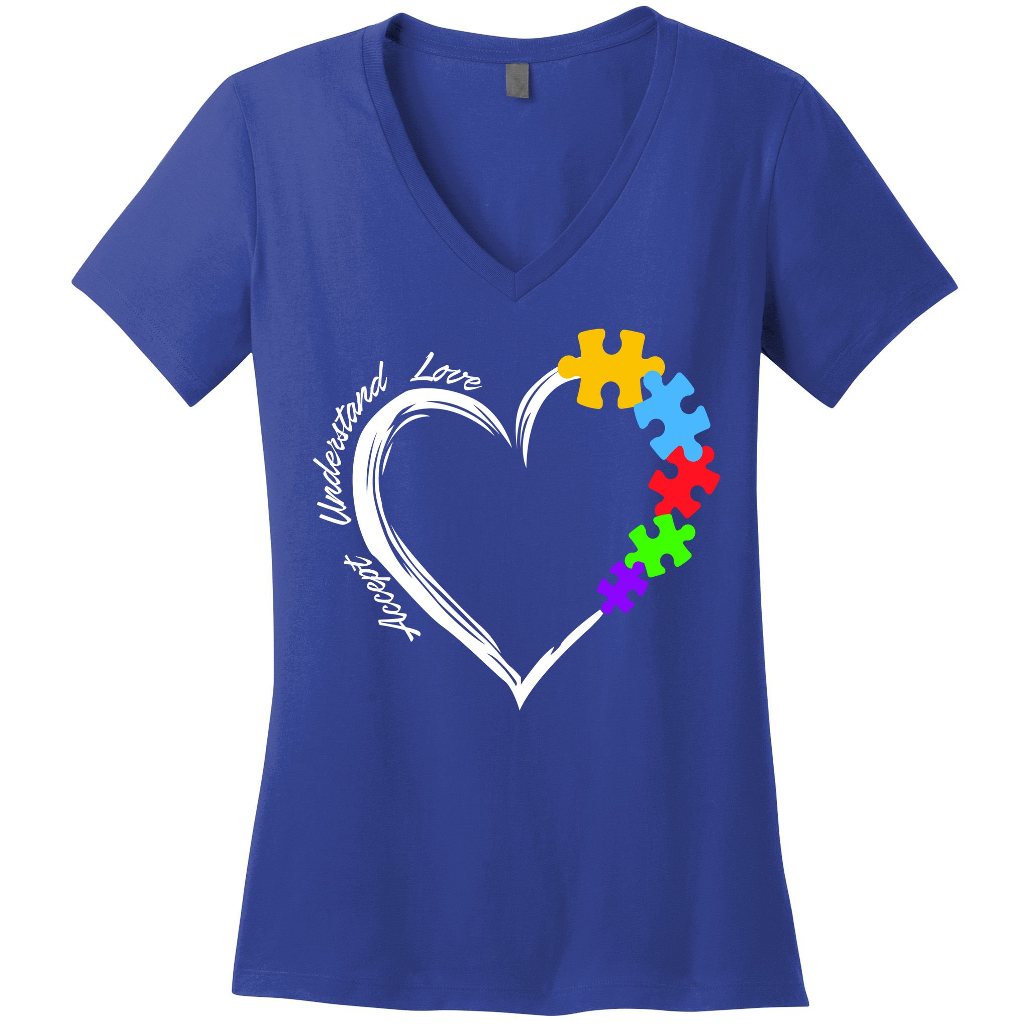 Accept Understand Love Autism Awareness Puzzle Heart Women's V-Neck T-Shirt