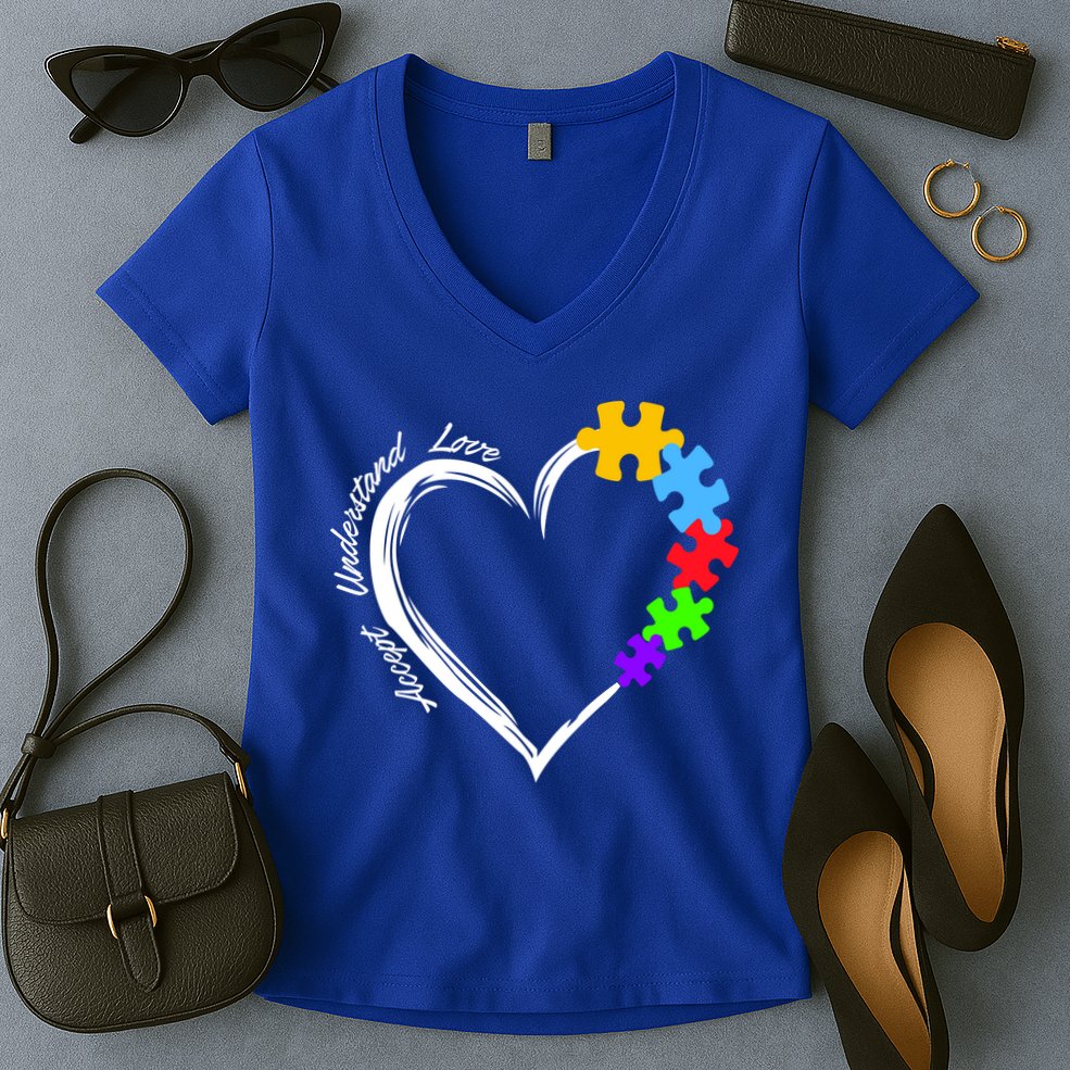 Accept Understand Love Autism Awareness Puzzle Heart Women's V-Neck T-Shirt
