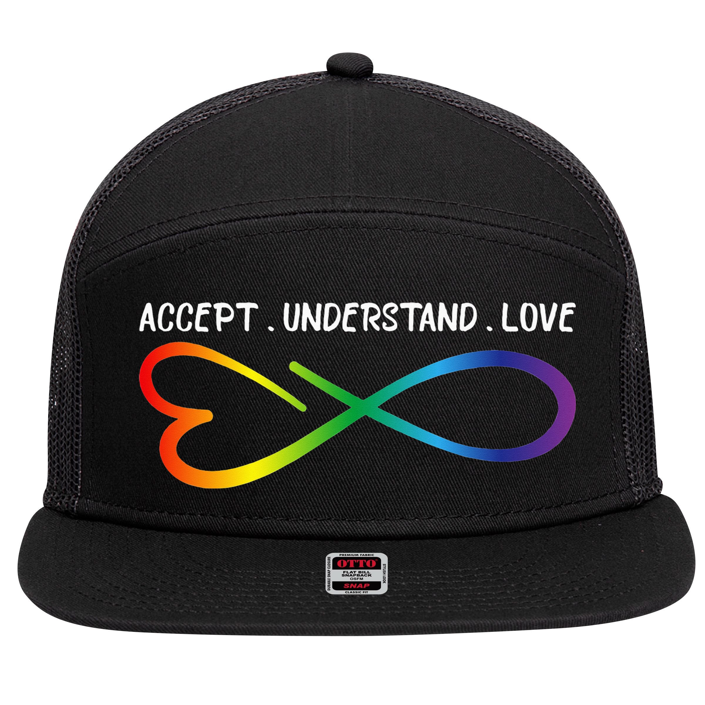 Accept Understand Love Neurodiversity Infinity Autism 7 Panel Mesh Trucker Snapback Hat