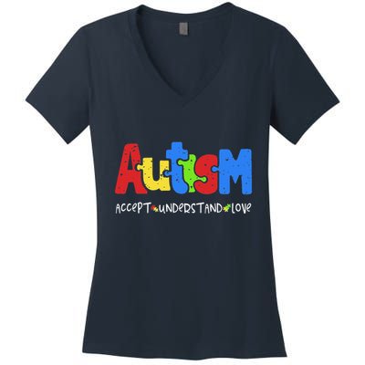 Accept Understand Love Puzzle Autism Awareness Women's V-Neck T-Shirt