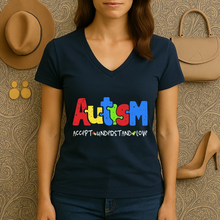 Accept Understand Love Puzzle Autism Awareness Women's V-Neck T-Shirt