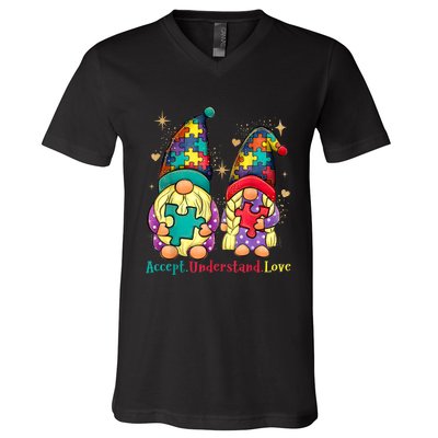 Accept Understand Love Gnome Autism Awareness V-Neck T-Shirt