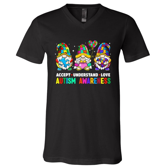 Accept Understand Love Autism Awareness Gnome V-Neck T-Shirt