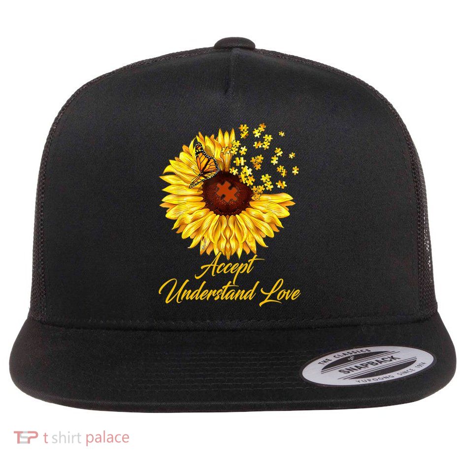 Accept Understand Love Sunflower Autism Flat Bill Trucker Hat