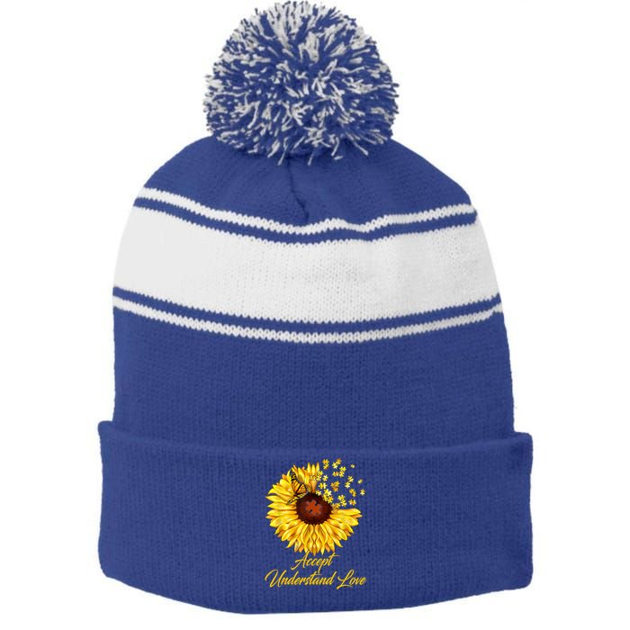 Accept Understand Love Sunflower Autism Stripe Pom Pom Beanie