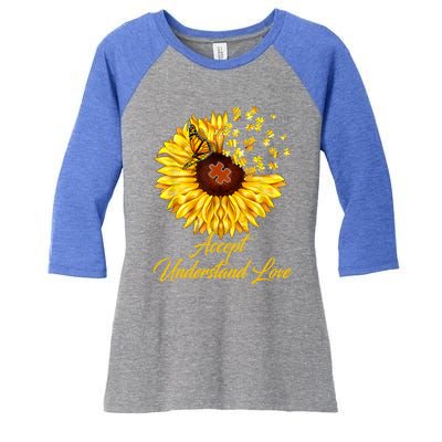 Accept Understand Love Sunflower Autism Women's Tri-Blend 3/4-Sleeve Raglan Shirt