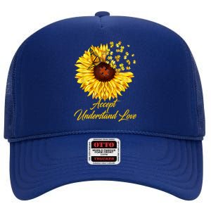 Accept Understand Love Sunflower Autism High Crown Mesh Back Trucker Hat