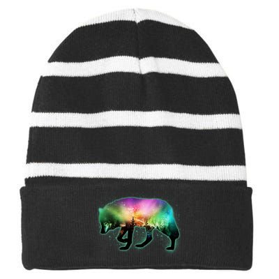 Aurora Borealis Wolf Wilderness Striped Beanie with Solid Band