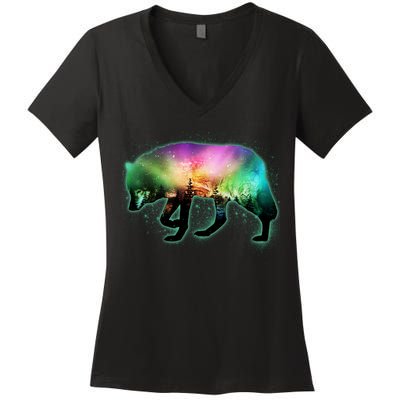 Aurora Borealis Wolf Wilderness Women's V-Neck T-Shirt