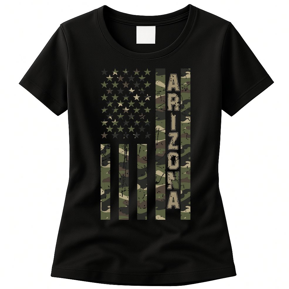 Arizona United States Distressed Camo W Us Flag Womens T-Shirt