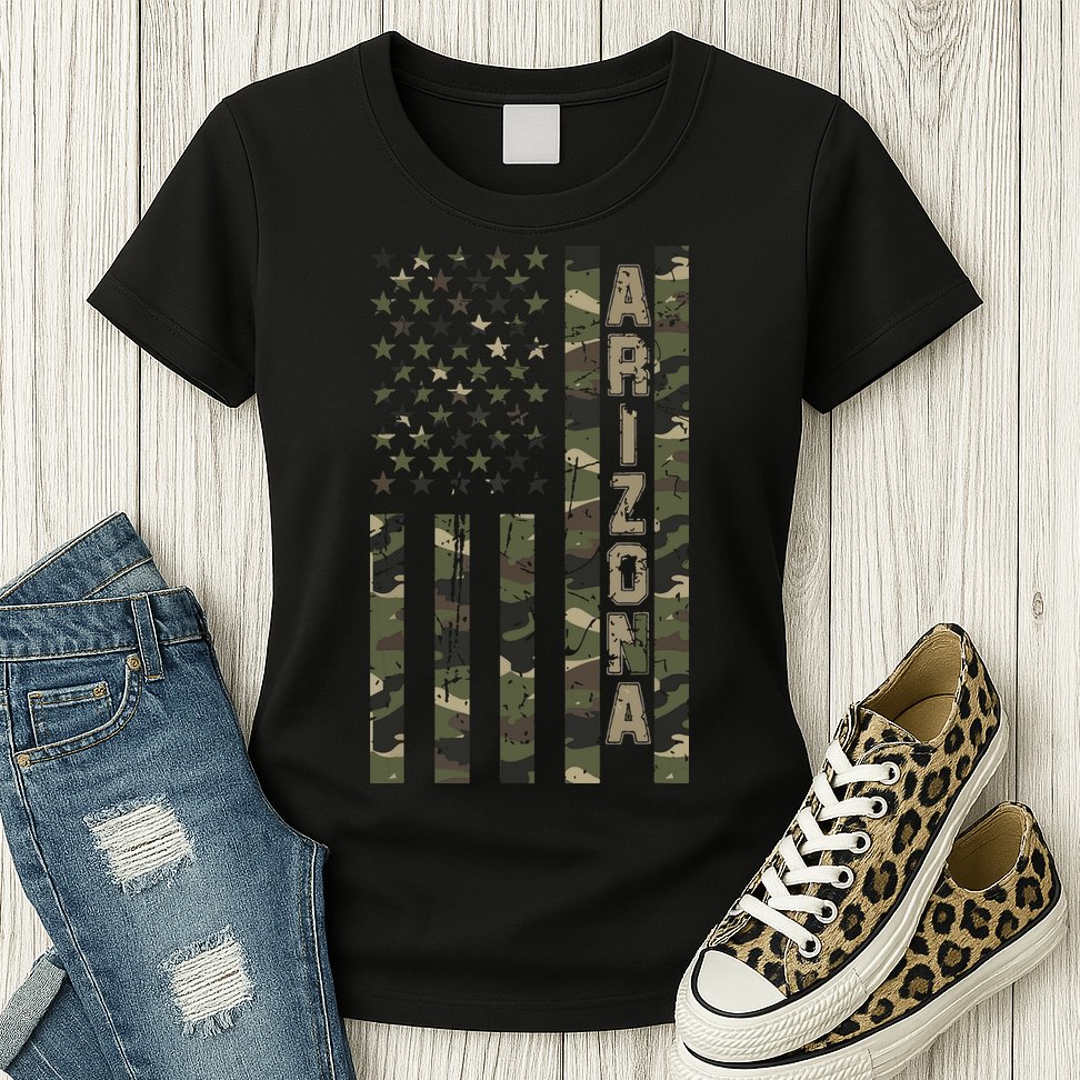 Arizona United States Distressed Camo W Us Flag Womens T-Shirt
