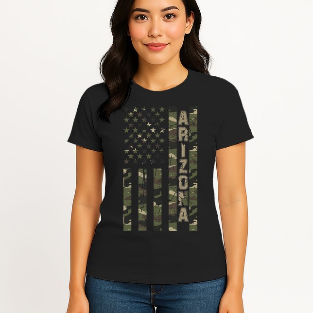 Arizona United States Distressed Camo W Us Flag Womens T-Shirt